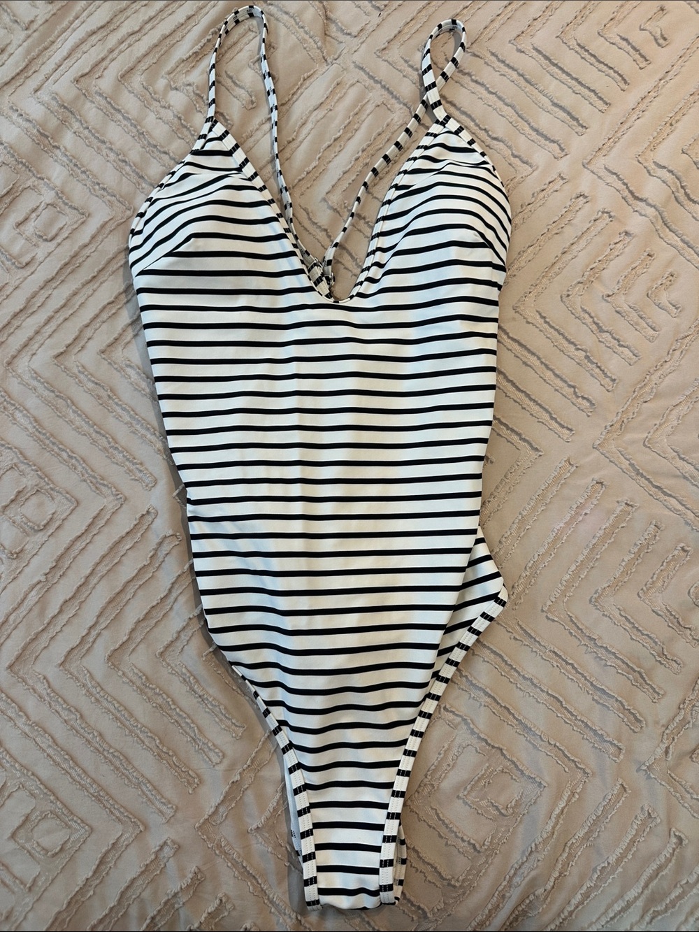 Amazon Women's Black and White Striped One-Piece Swimsuit